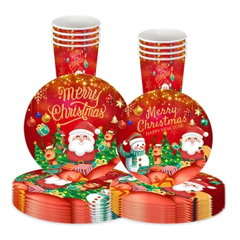 10 гостей Красная Рождественская Одноразовая посуда, тарелка с рисунком Санта-Клауса, Снеговика Лося, салфетка, Рождественский декор для дома 2023