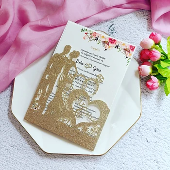100шт Красного золота, украшенные серебром Пригласительные открытки для новобрачных и жениха на свадьбу С персонализированной печатью В конверте