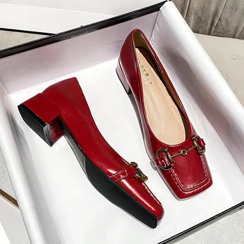2022, Новый стиль, тонкие туфли, модные женские туфли Мэри Джейн на толстом каблуке с квадратным носком и металлическим мелким вырезом, Женские туфли большого размера