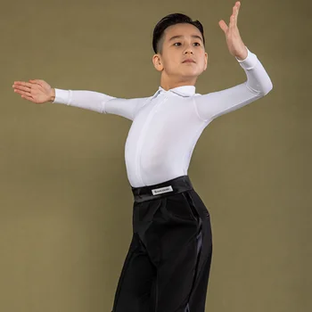 2023 Детский костюм для латиноамериканских бальных танцев, белая рубашка, топы для латиноамериканских соревнований для мальчиков, профессиональная одежда для танцев Ча-Ча-танго