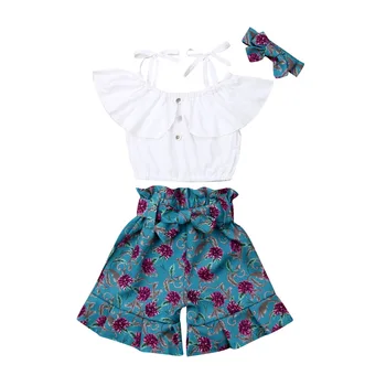 3 шт. Комплекты одежды для малышей и маленьких девочек, Белые топы с открытыми плечами, шорты с цветами, повязка на голову, Комплект одежды
