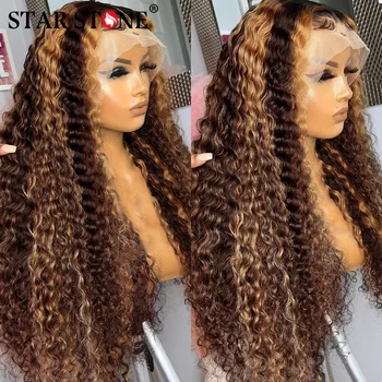 30-34-дюймовый парик с изюминкой Омбре на кружеве Вьющиеся парики из человеческих волос цвета медовой блондинки HD с глубокой волной на лбу для чернокожих женщин