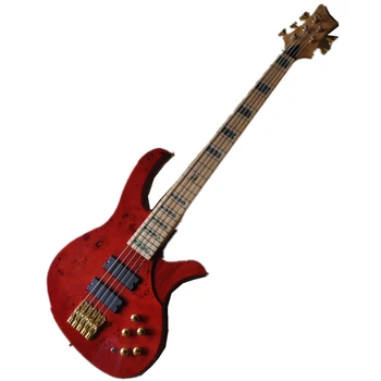 5-Струнная красная электрическая бас-гитара с болтовым креплением на шее с красочными жемчужными вставками, предложение на заказ