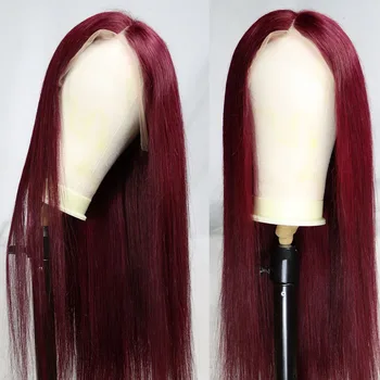 99J Винно-красный парик с прямыми кружевами спереди, человеческие волосы, Прозрачная кружевная застежка спереди, парики из натуральных бразильских человеческих волос, темно-красный