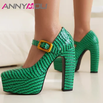 ANNYMOLI платформа Женщины насосы тонкие высокие каблуки квадратный носок Мэри Джейн сексуальное платье весна осень обувь черный красный зеленый абрикос 35-43
