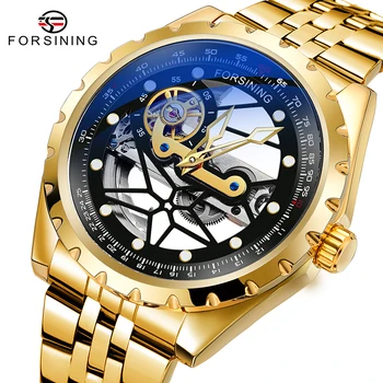 Forsining Лидирующий бренд Автоматические механические повседневные часы Мужские наручные часы Hardlex Mirror с двойным сквозным полым дизайном