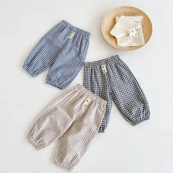 Ins 2023 Весенне-осенние Детские брюки для мальчиков в хлопковую клетку со свободной эластичной резинкой на талии, Универсальные брюки для мальчиков, Брюки для новорожденных мальчиков