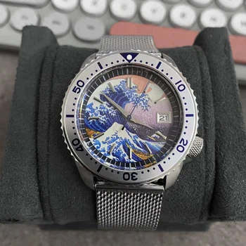 Men's Mechanical Watch Мужские механические часы Japanese Samurai Wave Dial Full Luminous Montre mécanique pour homme 009 Case