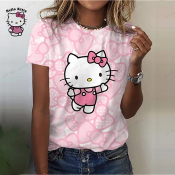 Sesy Майка с круглым вырезом, укороченные топы Kint, женские летние модные повседневные футболки с рисунком HELLO KITTY, укороченная футболка с коротким рукавом