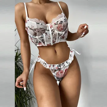 Sexy Women Lingerie Sets New Fashion Lace Ruffle Floral Printing Underwear Set Lenceria Bra G-String Suit нижнее белье женское