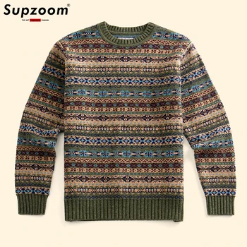 Supzoom 2023, Новое поступление в английском стиле, осенне-зимние Толстые пуловеры с круглым вырезом, Геометрический винтажный топ, Модный повседневный свитер для мужчин