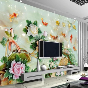 wellyu Пользовательские обои 3d фрески цветы богатая нефритовая резная фреска гостиная ТВ фон обои 3d papel de parede фреска
