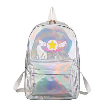 Аниме Cardcaptor Sakura, рюкзак с лазерным глянцевым дизайном, Розовый, серебристый, Школьный ранец из искусственной кожи для девочек