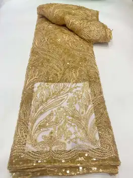 Африканская кружевная ткань 2023 года, новейшая золотая индийская ткань сари, высококачественный тюль, кружевная ткань с блестками для свадебного платья YYZ31149