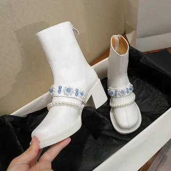 ботинки челси с большим круглым носком wonen/ женские туфли в стиле лолиты с хрустальным цветком из белой кожи и жемчужными цепочками botas mujer 2021 зимние ботинки