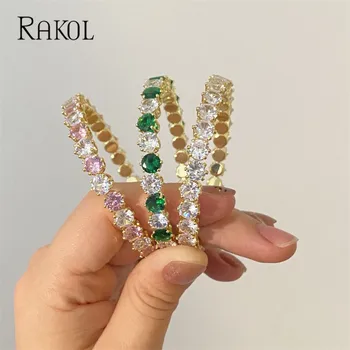 Браслеты-манжеты из блестящего кубического циркония RAKOL для женщин, украшенные разноцветными драгоценными камнями, Открывающиеся Регулируемые браслеты золотого цвета
