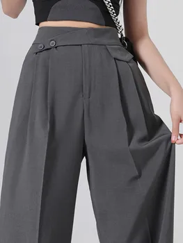 Весенне-летние Широкие брюки на пуговицах, женские 2023 Новые Прямые Свободные повседневные брюки черного цвета
