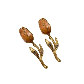 Винтажные эмалевые серьги-гвоздики в виде цветка тюльпана для женщин, бесплатная доставка