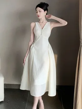 Высококачественные Французские Роскошные Длинные платья с бисером для женщин, новинка лета 2023, Корейское Элегантное модное вечернее платье без рукавов