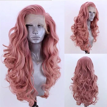 Длинные волнистые розовые парики AIMEYA Синтетический длинный Розовый парик для женщин, свободная часть, предварительно выщипанный, естественный вид для ежедневного использования в костюмах