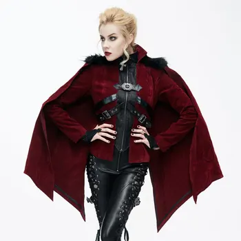 Дьявольская мода, осенне-зимнее пальто, женский готический плащ в стиле летучей мыши на Хэллоуин с меховой шалью, куртки в стиле стимпанк