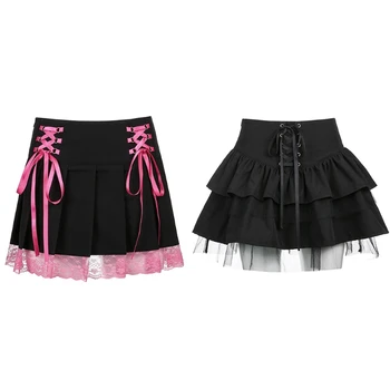 Женская винтажная юбка в готическом стиле в стиле панк со шнуровкой крест-накрест и сетчатым подолом, плиссированная мини-юбка для фигуриста N7YF