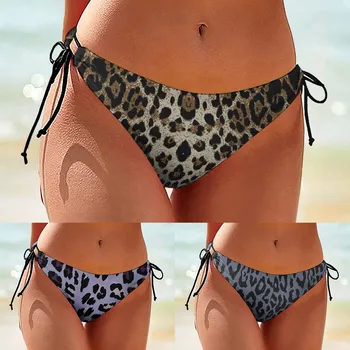 Женские плавки бикини с леопардовым принтом, Бразильская пляжная одежда с завязками сбоку, сексуальные плавки для женщин, купальник со штанами
