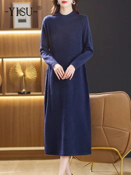 Женское платье YISU с длинным свитером, вязаный пуловер с высокой горловиной, для отдыха, Однотонная Свободная женская одежда с длинным рукавом, Новинка 2022 года