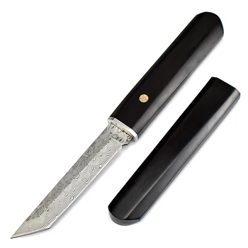 Изящный дамасский нож в стиле ретро, супер острый портативный походный охотничий нож с фиксированным лезвием и рукояткой из черного дерева в ножнах для подарка