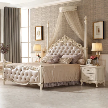 Кожаная двуспальная кровать во французском стиле, европейская свадебная кровать с резьбой в виде розы, большая кровать из массива дерева в главной спальне