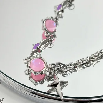 Корейская мода, милое крутое ожерелье с подвесками в виде звезды и креста, Розовые бусы, цепочки, колье-чокер для женщин, Юбилейные украшения в стиле Харадзюку