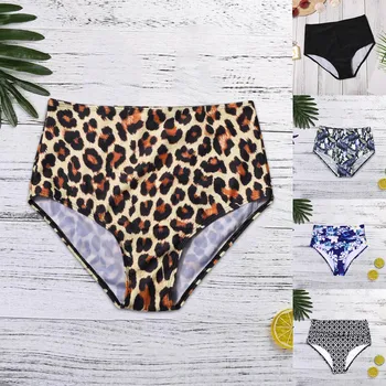 Леопардовые плавки-бикини с высокой талией Женские плавательные штаны-бикини, шорты, нижний купальник, женские купальники, раздельные из двух частей