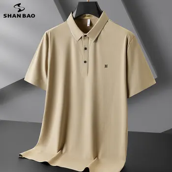 Летняя деловая мужская рубашка ПОЛО роскошного качества с короткими рукавами, эластичный ледяной шелк, гладкое тонкое и свободное ПОЛО