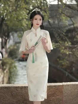 Летняя новинка 2023 года, двухслойная сетчатая юбка-чонсам средней длины с вышивкой в стиле феи, модифицированное китайское свадебное платье Ципао в стиле ретро