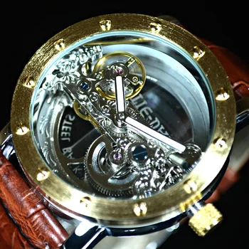 Люксовый бренд TIEDAN Прозрачные Мужские Механические часы Золотой Турбийон Скелет Автоматические Часы Мужские Наручные Часы Кожаные Часы