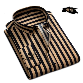 Модная мужская повседневная рубашка в полоску с длинным рукавом, мужские приталенные деловые рубашки на пуговицах, вечерние рубашки