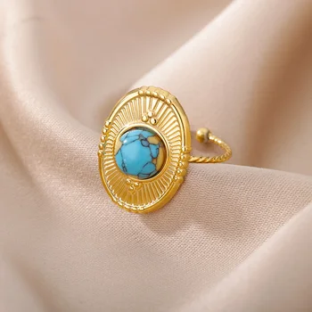 Модные кольца из нержавеющей стали, овальные синие украшения из натурального камня для женщин, 18-Каратное Золото, Регулируемое открывающееся кольцо, подарок на день рождения