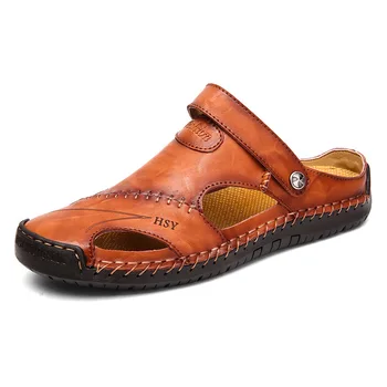 Модные летние кожаные мужские сандалии большого размера, повседневные пляжные сандалии, сандалии в упаковке, обувь для ручного шитья