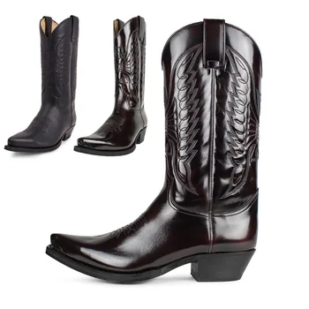 Мужские ковбойские сапоги в западном стиле, Женская обувь из искусственной кожи, Вышитые Высокие сапоги, Пара обуви, Остроносые сапоги на низком каблуке, Большие размеры 35-48
