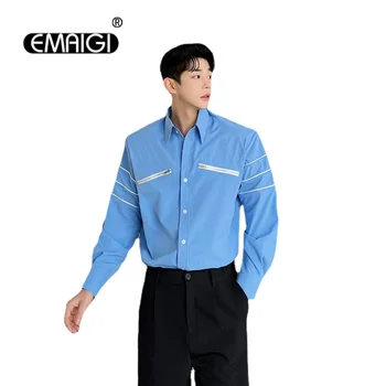 Мужские Модные Свободные повседневные синие рубашки на молнии, Корейская уличная одежда знаменитостей, Винтажные рубашки, блузки