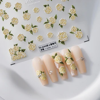 Наклейки для дизайна ногтей с тиснением серии Florals, Дизайн декора из 5D роз шампанского, Ультратонкий слайдер-шарм, наклейки для маникюра, принадлежности для ногтей