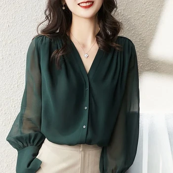 Однотонная повседневная шифоновая свободная прозрачная Женская блузка с V-образным вырезом, Корейская мода, пуловеры с длинными рукавами, блузки, весна-лето