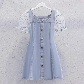 Платье-рубашка из джинсовой ткани для девочек 2023 года, новое поступление, Детские Тонкие кружевные платья с принтом в горошек для девочек-подростков, Летнее милое платье