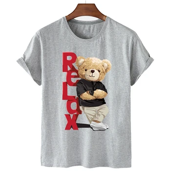 Повседневная футболка с короткими рукавами с принтом милого медвежонка для мужчин и женщин, топ с короткими рукавами, футболка для пары, топ с короткими рукавами