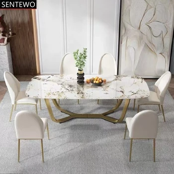 Роскошный обеденный стол из каменной плиты и набор из 6 стульев в золотой раме из нержавеющей стали, стол из искусственного мрамора, набор обеденных стульев avec chaises