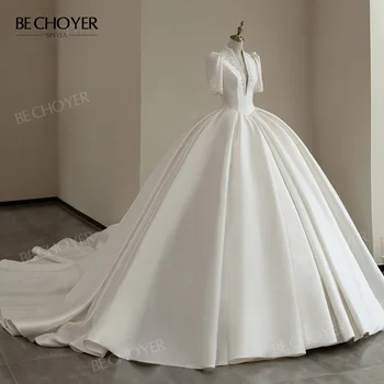 Свадебное платье из шикарного атласа с V-образным вырезом, расшитого бисером, с рукавом 