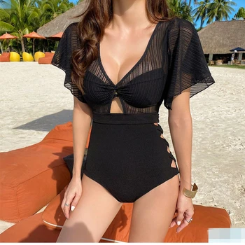 Сексуальный цельный купальник Черные сетчатые купальники для женщин с высокой талией и V образным вырезом, летние пуш-ап монокини, пляжная одежда, купальные костюмы Q190