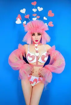 Танцевальный костюм Candy Love на День Святого Валентина для танцовщиц из ночного клуба и бара, сексуальный костюм бикини, розовая танцевальная одежда