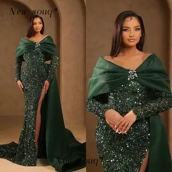 Темно-зеленые Вечерние платья с открытыми Плечами и Длинными рукавами с Высоким разрезом, платья для выпускного вечера в стиле Русалки с блестками 2023 Robes De Soiree Abiye