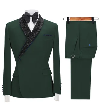 Темно-зеленый Костюм для Мужчин, 2 Предмета, Блестящий Черный Пиджак на Одной Пуговице С Лацканами, Высококачественный Модный Повседневный Костюм, Вечернее Платье (Блейзер + брюки)